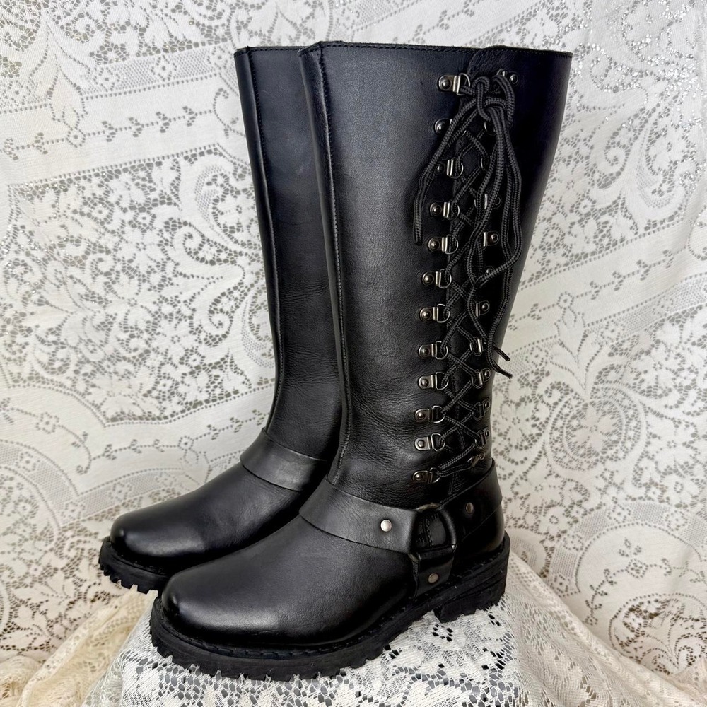 ZR Leathers Savage Black Leather Knee-High Moto Combat Boots – Women's 8.5